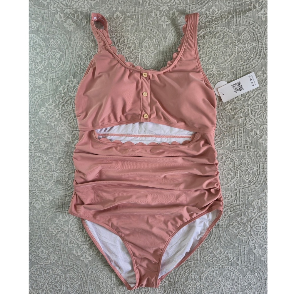 Charmo Womens One Piece Maternity Swimsuit Pink Scalloped Ruched Cutout Monokini